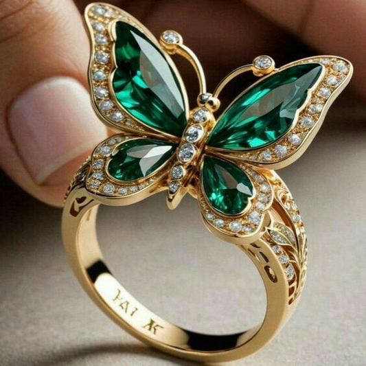 Green Crystal Butterfly Ring in Gold