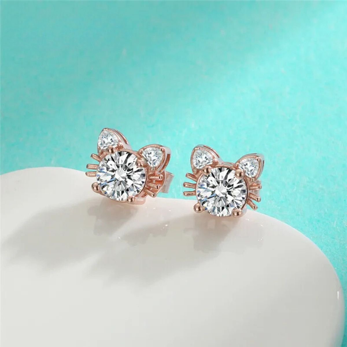 Fine Rose Gold Moissanite Cat Earrings in 925 Sterling Silver