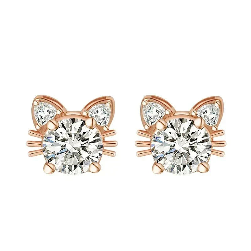 Fine Rose Gold Moissanite Cat Earrings in 925 Sterling Silver