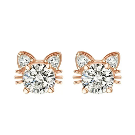 Fine Rose Gold Moissanite Cat Earrings in 925 Sterling Silver
