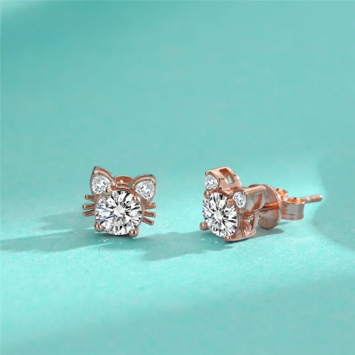 Fine Rose Gold Moissanite Cat Earrings in 925 Sterling Silver