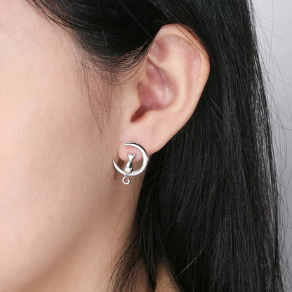 Fine Silver Cat Moon & Cat Earrings Sterling