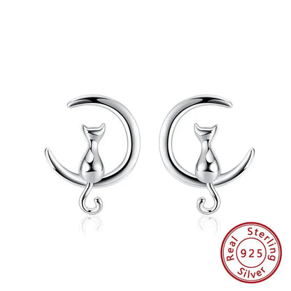 Fine Silver Cat Moon & Cat Earrings Sterling