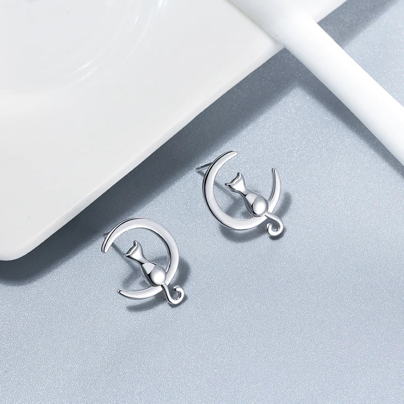 Fine Silver Cat Moon & Cat Earrings Sterling