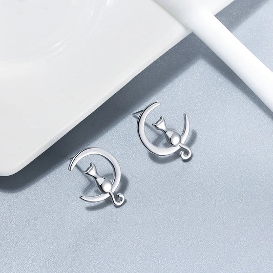 Fine Silver Cat Moon & Cat Earrings Sterling