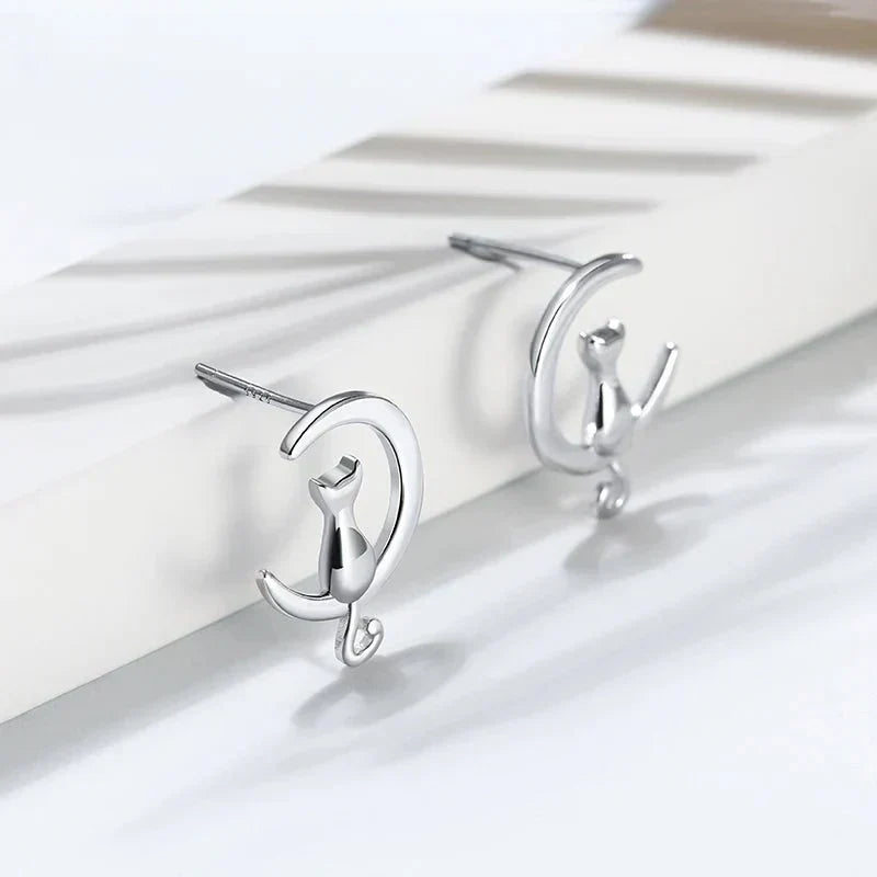 Fine Silver Cat Moon & Cat Earrings Sterling