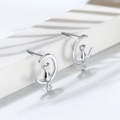 Fine Silver Cat Moon & Cat Earrings Sterling