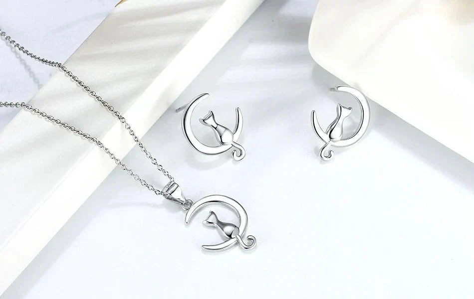 Fine Silver Cat Moon & Cat Earrings Sterling