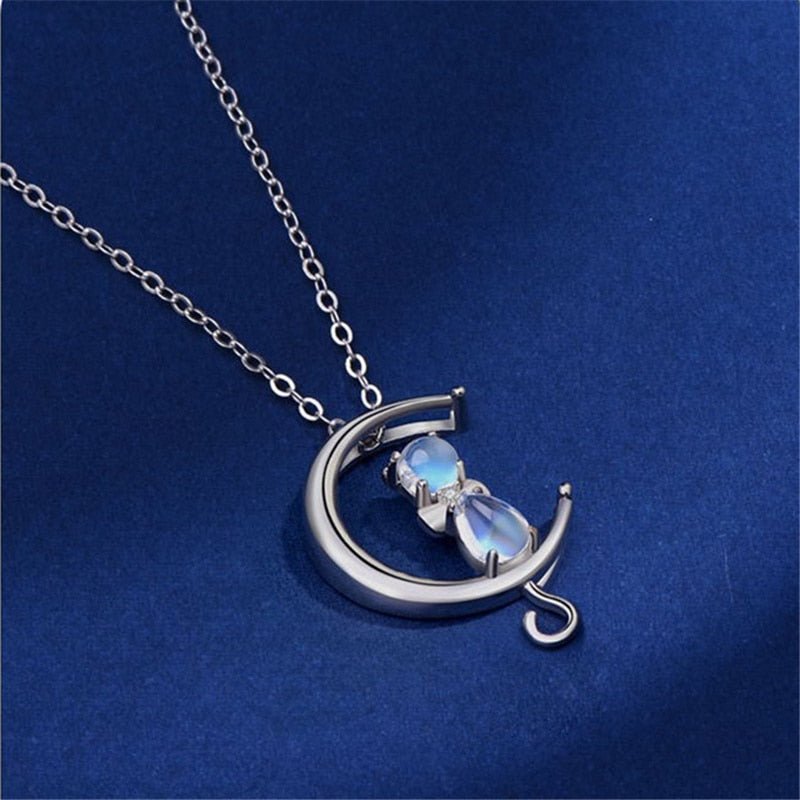Crescent Moonstone Cat Necklace