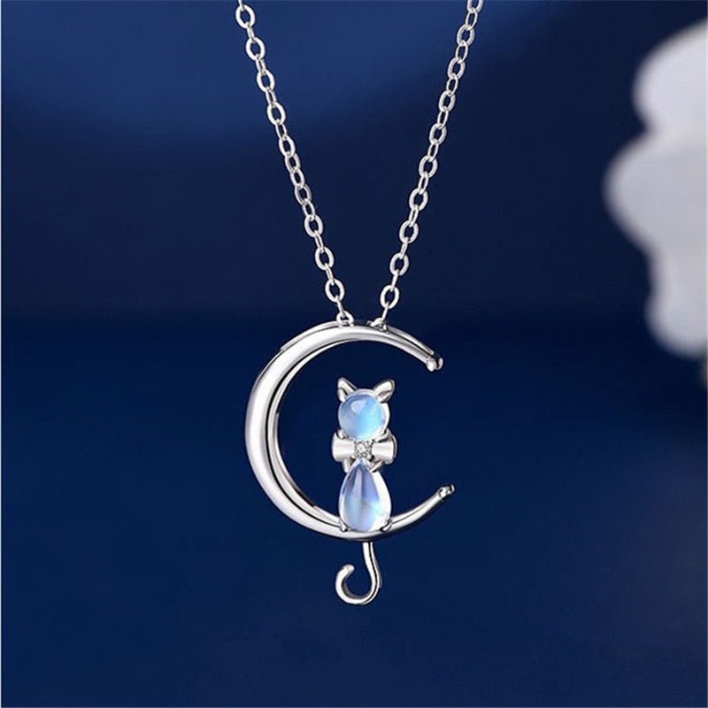 Crescent Moonstone Cat Necklace
