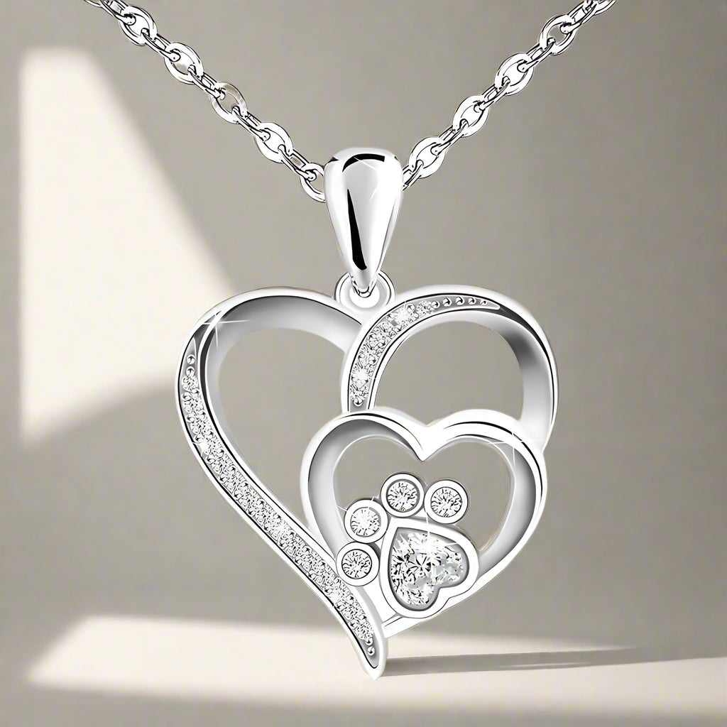 Sterling Silver Paw and Heart Necklace with Zirconia