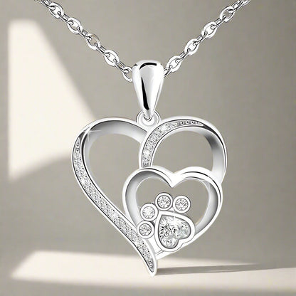 Sterling Silver Paw and Heart Necklace with Zirconia