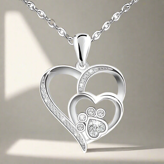 Sterling Silver Paw and Heart Necklace with Zirconia