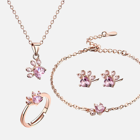 Rose Gold Paw Jewelry Box – 4-Piece with Zirconia Heart (Ring, Necklace, Earrings, Bracelet)