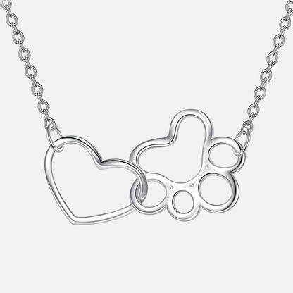 Sterling Silver Paw Print Necklace – Crystal Heart Pendant