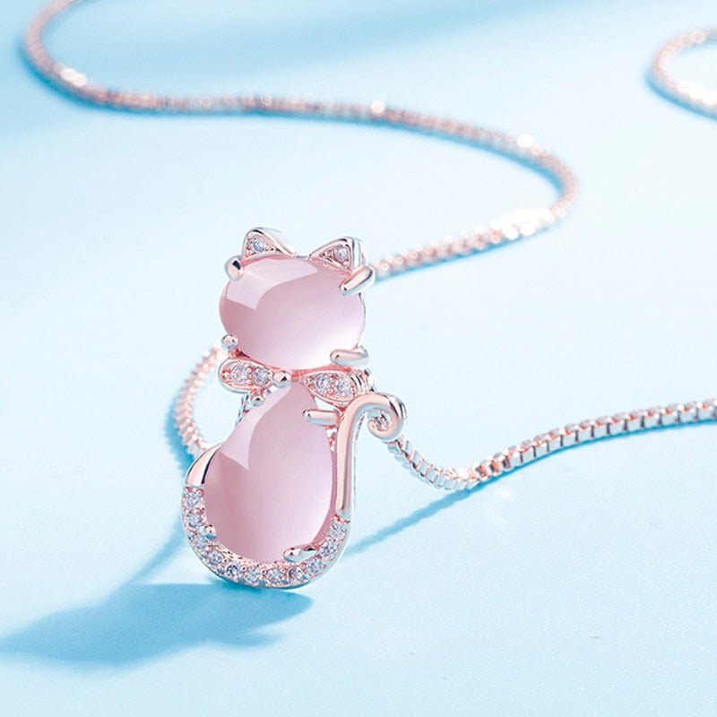 Magnificent Pink Stone Cat Necklace with Zircon