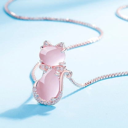 Magnificent Pink Stone Cat Necklace with Zircon
