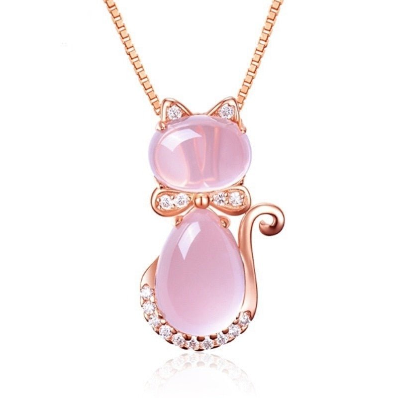 Magnificent Pink Stone Cat Necklace with Zircon