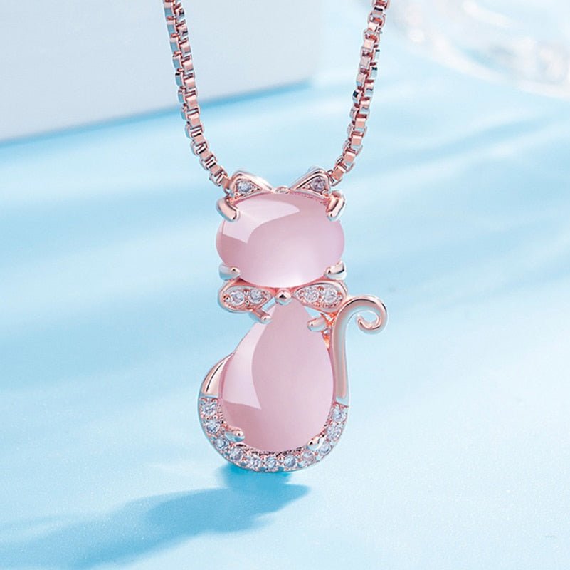 Magnificent Pink Stone Cat Necklace with Zircon