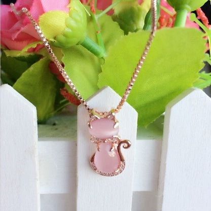 Magnificent Pink Stone Cat Necklace with Zircon