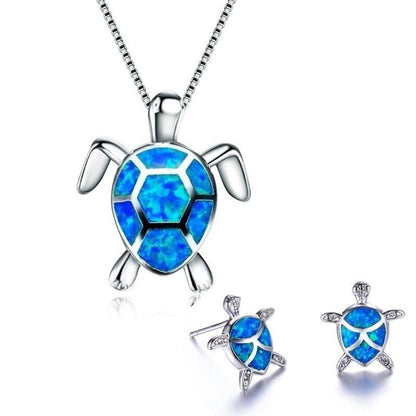 Sea turtle opal and silver necklace + earrings set
