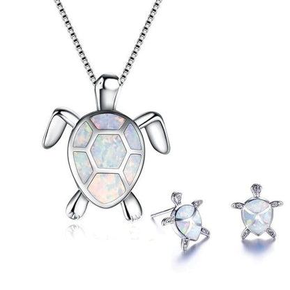Sea turtle opal and silver necklace + earrings set