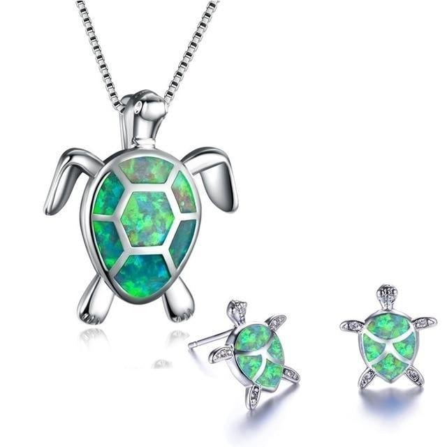 Sea turtle opal and silver necklace + earrings set