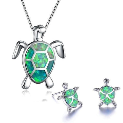 Sea turtle opal and silver necklace + earrings set