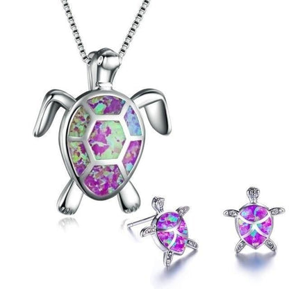 Sea turtle opal and silver necklace + earrings set