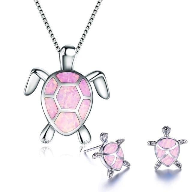 Sea turtle opal and silver necklace + earrings set