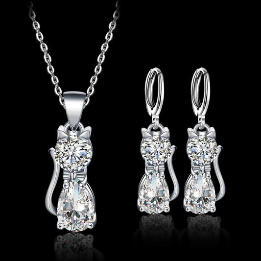Happy Cats Necklace + Earrings Box Set in Sterling Silver and Polished White Zirconium