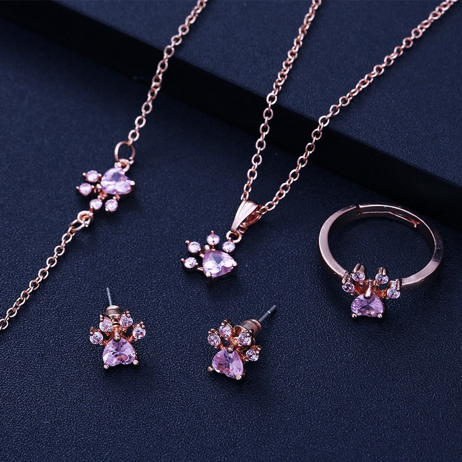 Rose Gold Paw Jewelry Box – 4-Piece with Zirconia Heart (Ring, Necklace, Earrings, Bracelet)