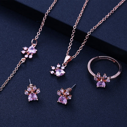 Rose Gold Paw Jewelry Box – 4-Piece with Zirconia Heart (Ring, Necklace, Earrings, Bracelet)