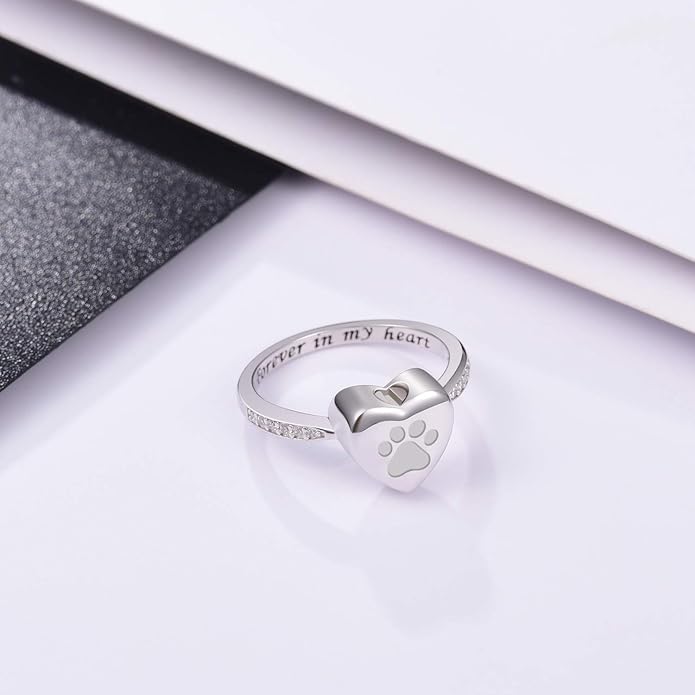 Pet Memorial Urn Ring – Heart Paw Print Keepsake Jewelry