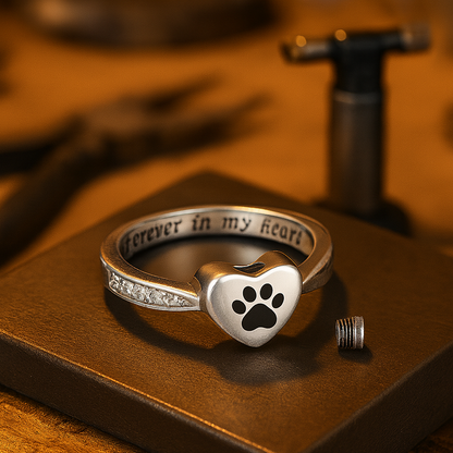 Pet Memorial Urn Ring – Heart Paw Print Keepsake Jewelry