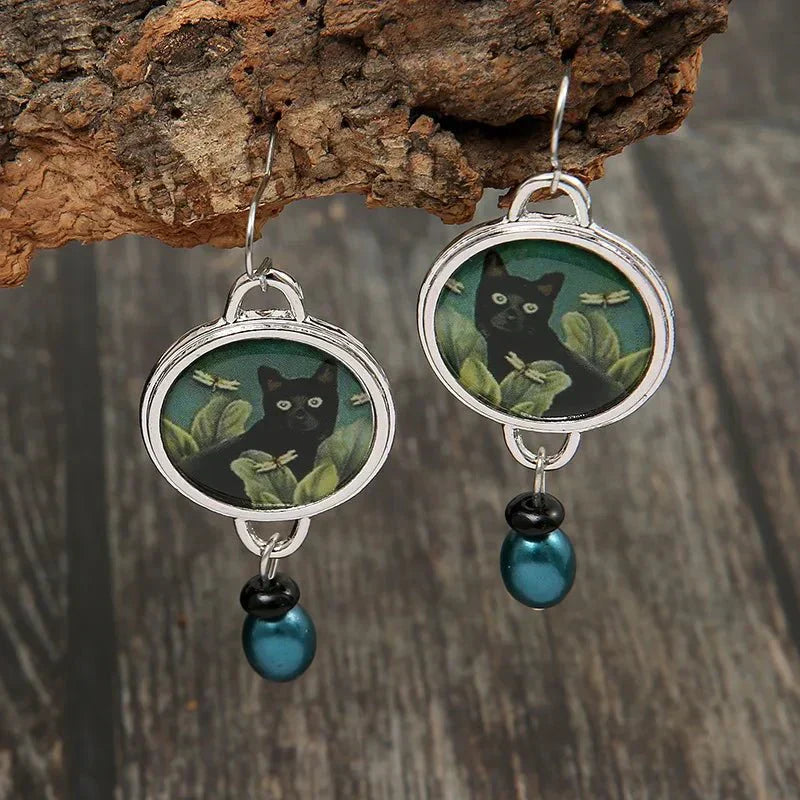 Vintage Tropical Black Cat Tomettes Earrings