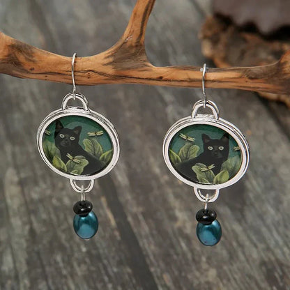 Vintage Tropical Black Cat Tomettes Earrings