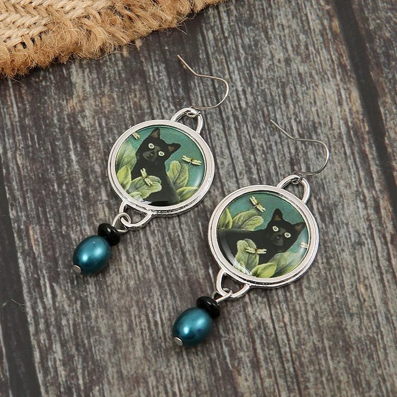 Vintage Tropical Black Cat Tomettes Earrings