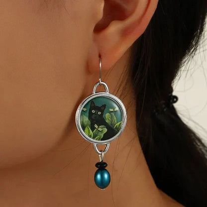 Vintage Tropical Black Cat Tomettes Earrings
