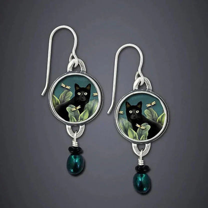 Vintage Tropical Black Cat Tomettes Earrings
