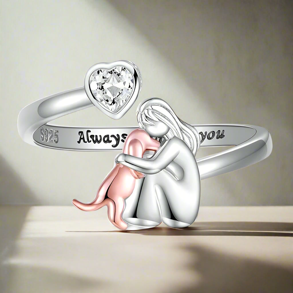 Adjustable 925 Sterling Silver Dog Ring – 'Always in My Heart' with Zirconia