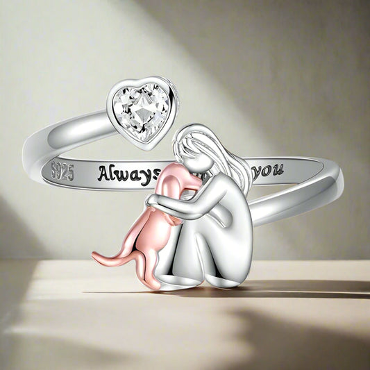 Adjustable 925 Sterling Silver Dog Ring – 'Always in My Heart' with Zirconia